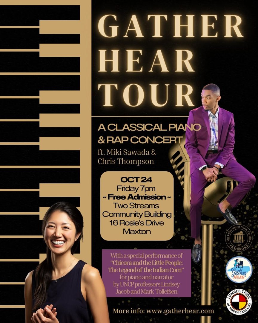 Gather Hear Tour flyer — a classical piano and rap concert featuring a performance of Chicora and the Little People